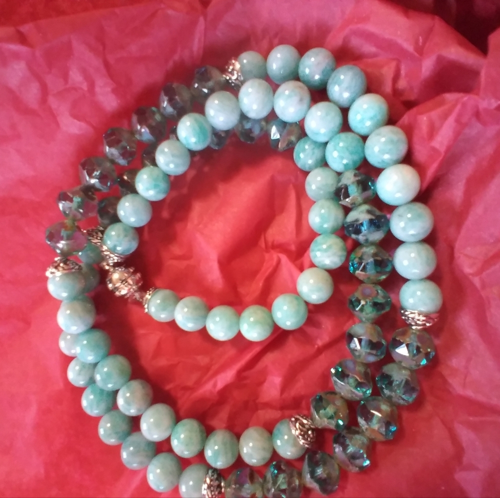25 1/2" Genuine Brazilian Aqua Blue Amazonite & Czech Bead Necklace - Picture 10 of 12